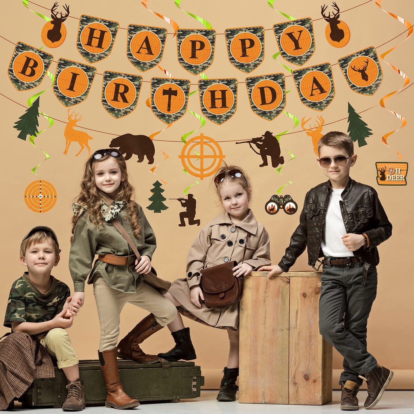Dianelhall Hunting Theme Party Decorations - 62 Pcs Camo Birthday Supplies, Cupcake Toppers, Brown/Green/Orange, Model: Dianelhall-043