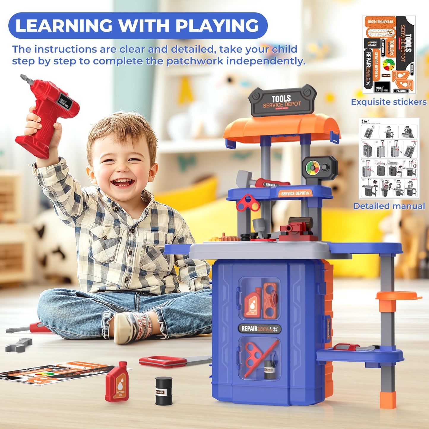 FunMission Kids Tool Bench Set 3 in 1, Toddler Tool Set, Kids Workbench with Realistic Toy Tool Box & Electronic Toy Drill, Tran