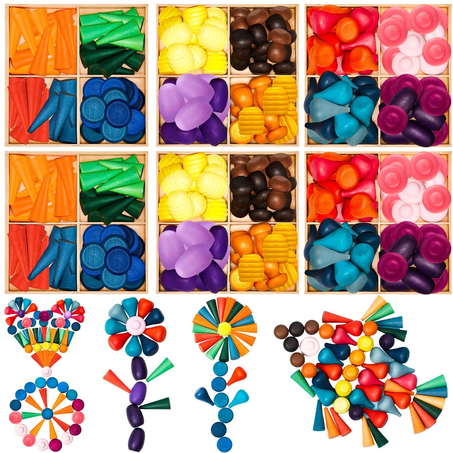 Loose Parts Play Materials Set Wooden Mandala Toys Kit Wood Sensory Play Toys 27 Rainbow Color 7 Shapes Loose Parts For Teens Students Early Learning Materials (162)