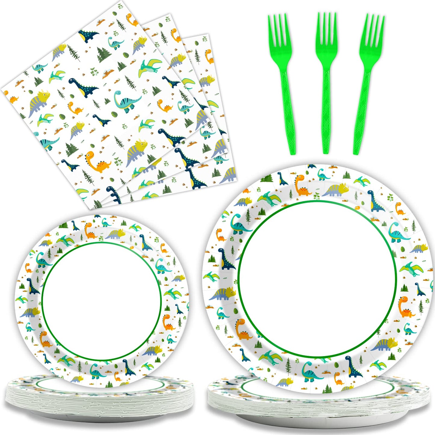 Wiooffen 96 Pcs Dinosaur Party Plates Napkins Watercolor Dinosaur Birthday Tableware Supplies Set Cartoon Dinosaur Disposable Di