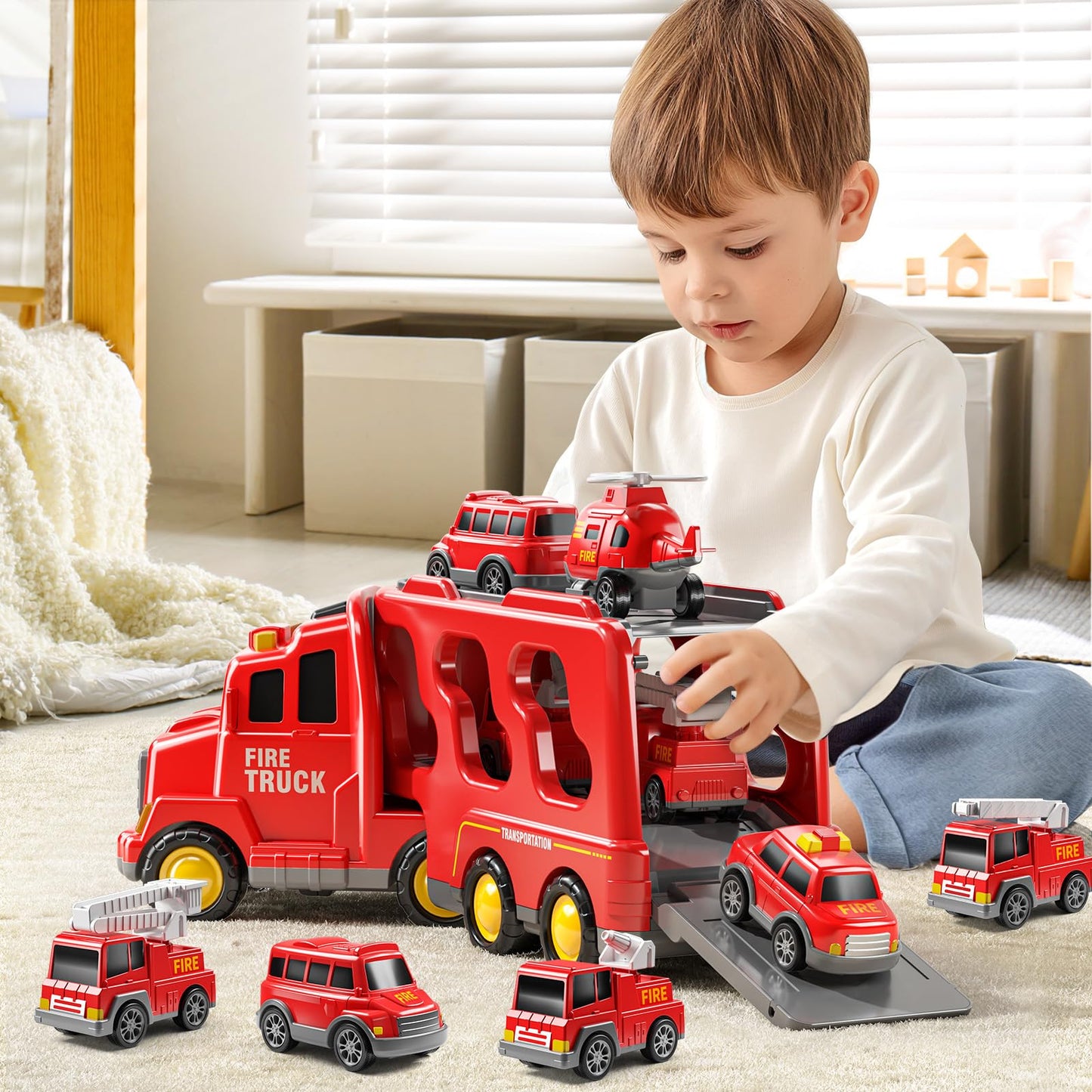 JUKUDAHU 7-in-1 Fire Trucks Car Toys for 3 4 5 6 Years Old - Transport Truck Toys for Toddlers 4-6, Trucks Toys with Sound and L
