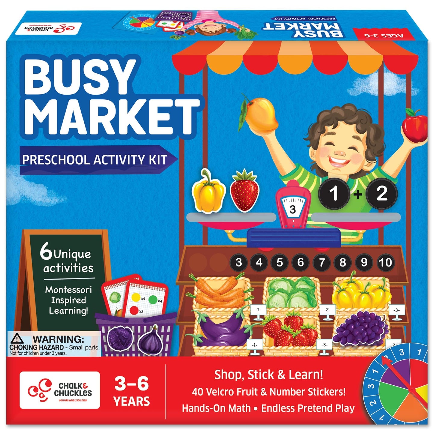 Chalk & Chuckles Busy Market- 6-In-1 Preschool Learning Activity Box, Velcro Stickers For Sorting, Counting, Math, Pretend Play,