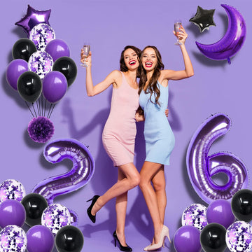 Naninuneno 26Th Birthday Decorations Set For Girl Women Boy Men,Purple Black 26 Happy Birthday Balloons Supplies With Purple Num