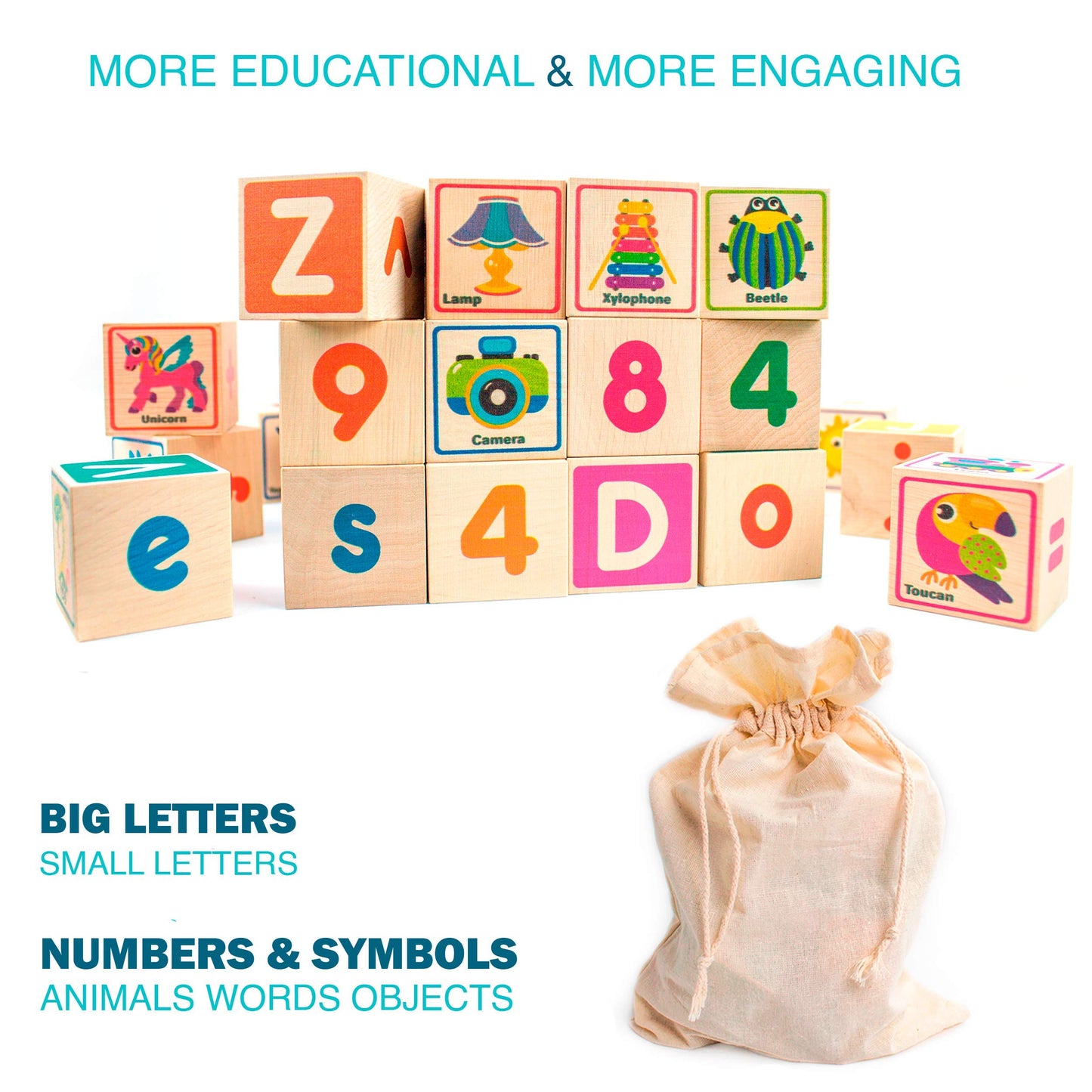 Quokka Wooden Puzzles Blocks For Toddlers 1-3 Large - 26 Alphabet & Numbers Baby Blocks For Kids Ages 2-4 Gift Wood Stacking & Building Toys For Learning Abc Letters For Boys And Girls 2-4