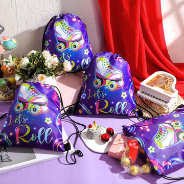 Censen 24 Pcs Roller Skate Party Favor Drawstring Bags Bulk 12 x 10 Inches Skating Goodie Treat Gift Bag for Girl Boy Birthday P