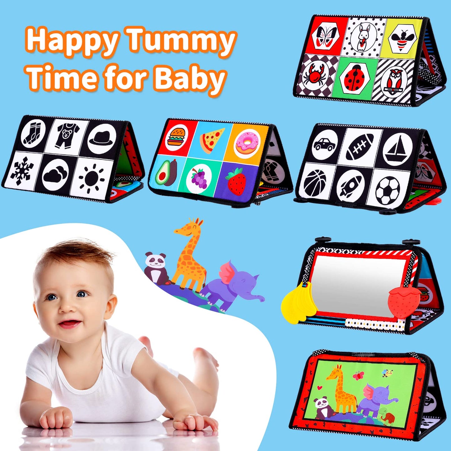 Baby Mirror Tummy Time Toys 0-3 3-6 Months Sensory Crinkle Cloth Baby Books Black And White High Contrast Baby Toys For Newborn Infant Montessori Car Seat Teething Toys 0-6 6-12 Month Boys Girls Gifts