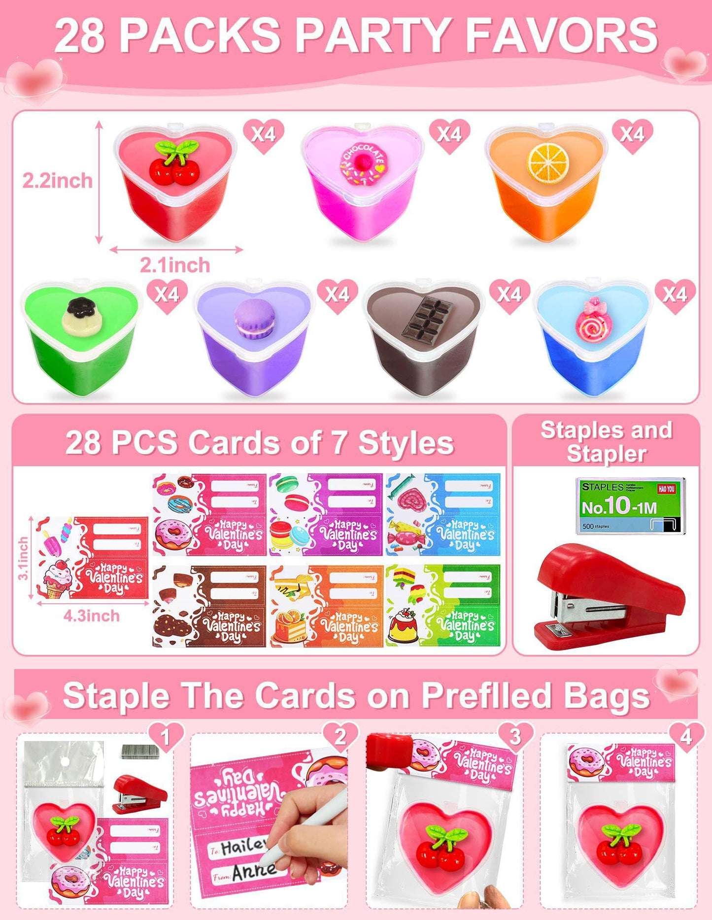 28 Pack Valentines Heart Cup Butter Slime With 7 Style Charms Valentine'S Cards, Valentines Day Gifts For Kids Soft & Non-Sticky