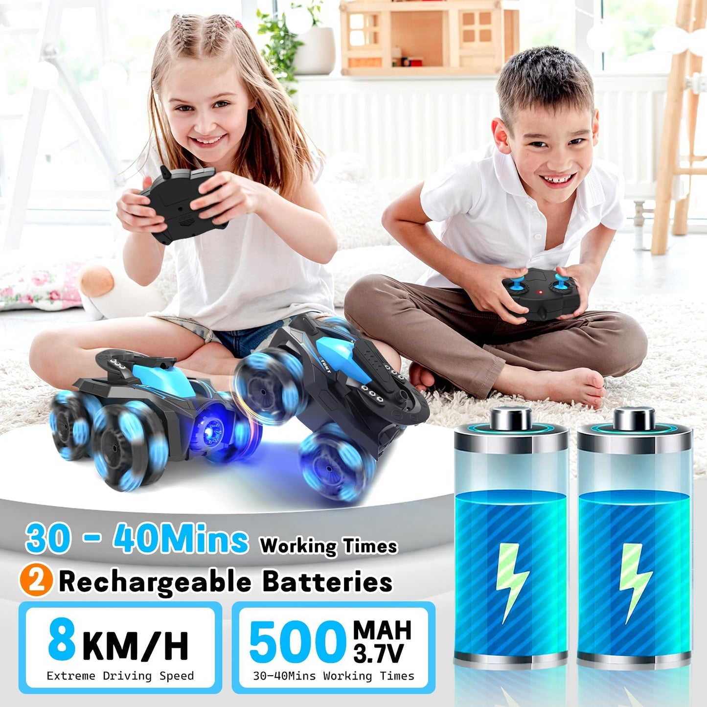 Eulogia RC Stunt Car for Boys 5-12, High Speed 360 Rotating, Drift 4WD Remote Control Car with Headlights, 2.4GHz Electric Recha