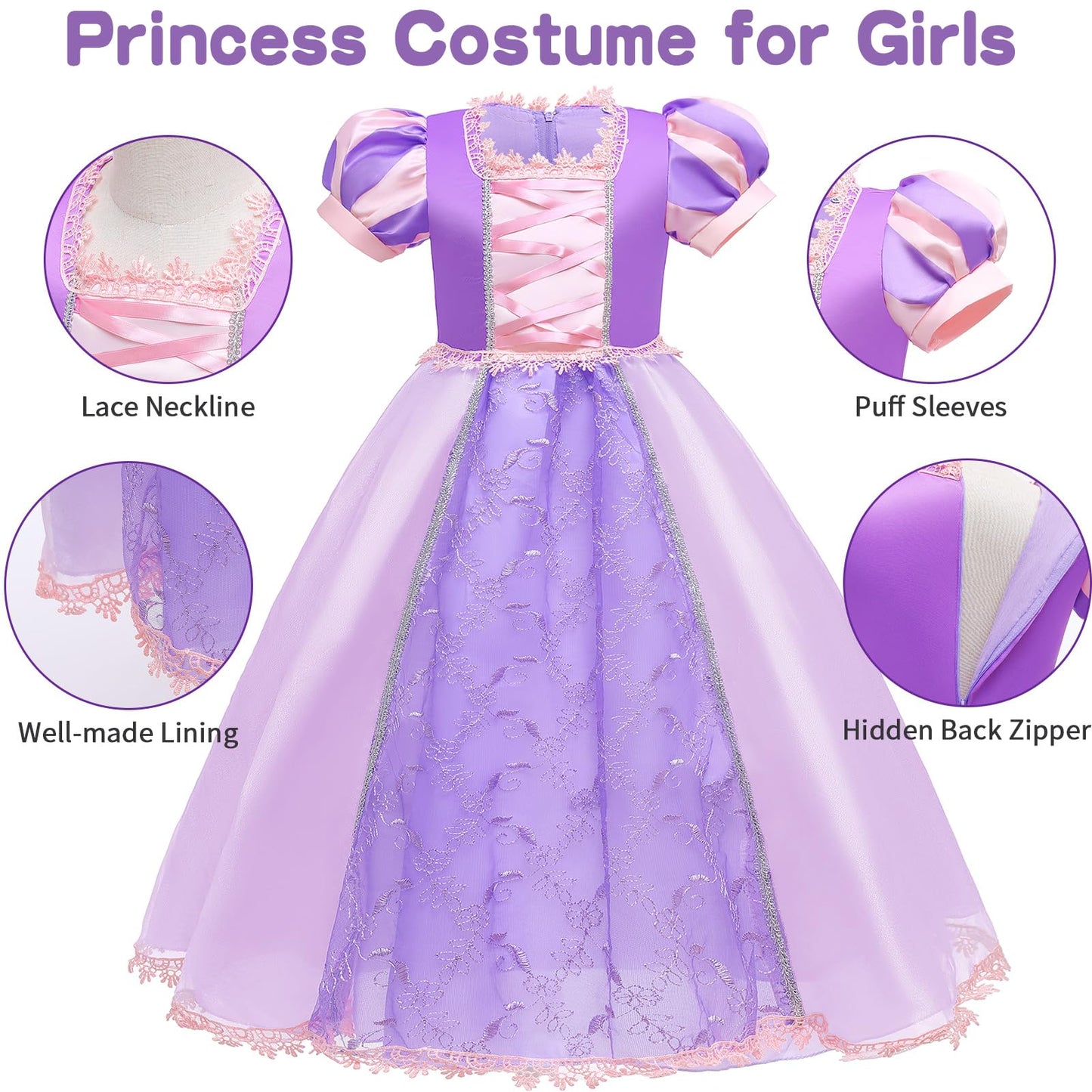 G.C Girls Princess Dress Costume with Wig Toddler Princess Dress Up Clothes Kids Crown Wand Halloween Cosplay Birthday Gifts