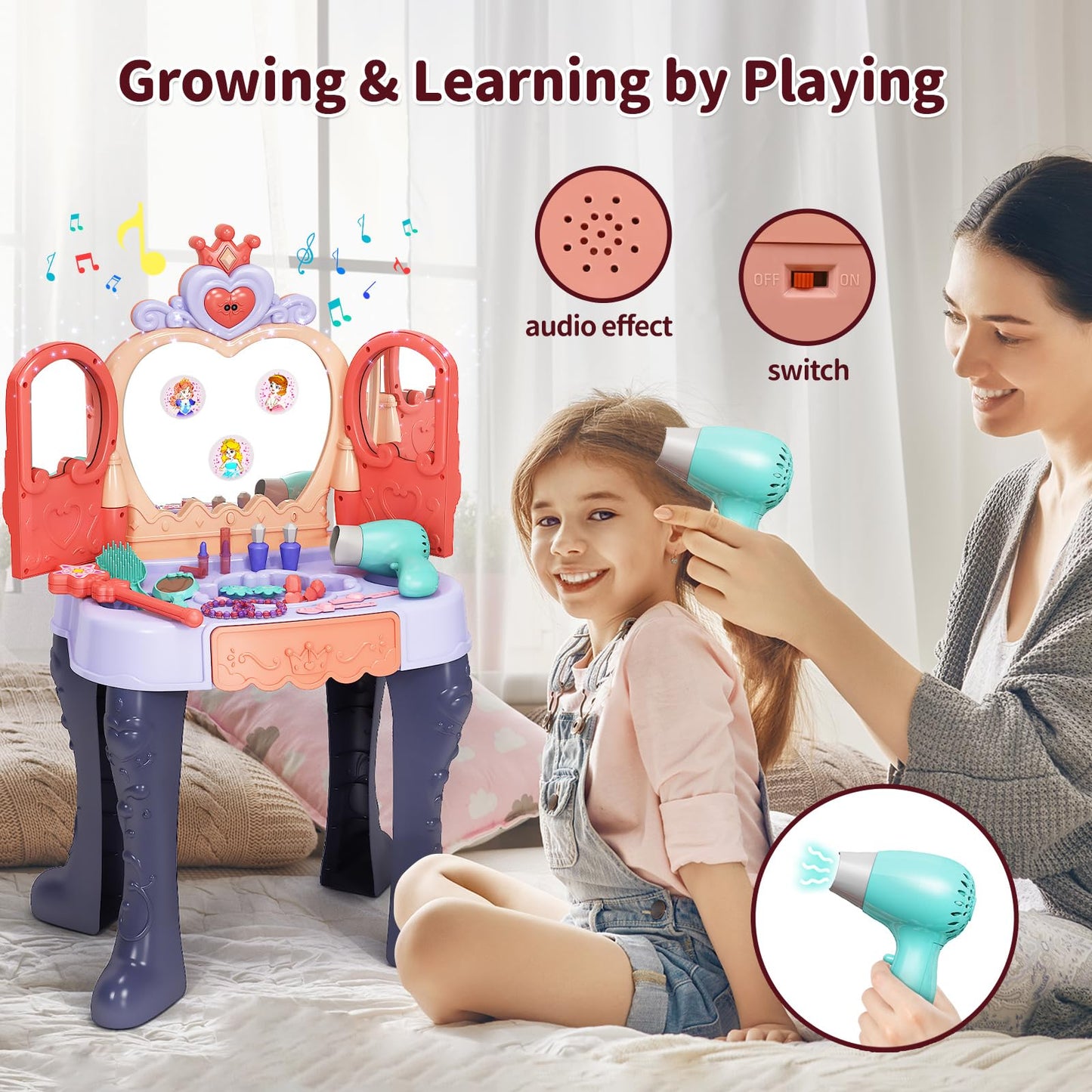 Eohemeral Toddler Vanity Makeup Table With Mirror And Chair, Open Doors By Gestures,Toddler Kids Vanity Set With Music Sound & L