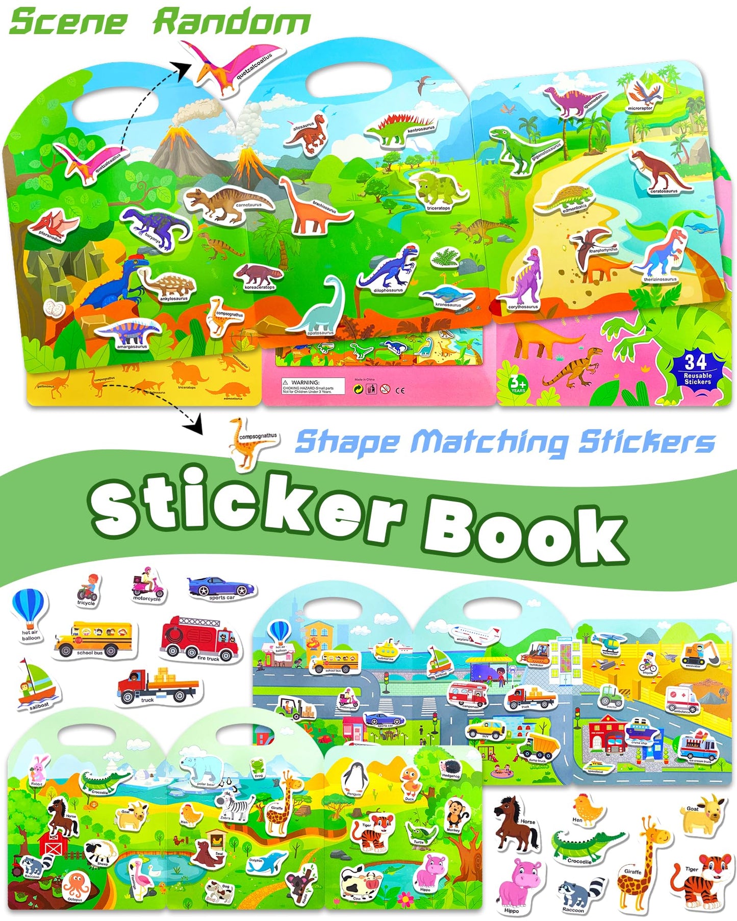 Walenced Jelly Reusable Sticker Book For Toddlers 2-4 Years, 3 Sets Stickers For Kids, Toddler Sticker Book Ages 1-3, 104 Pcs To