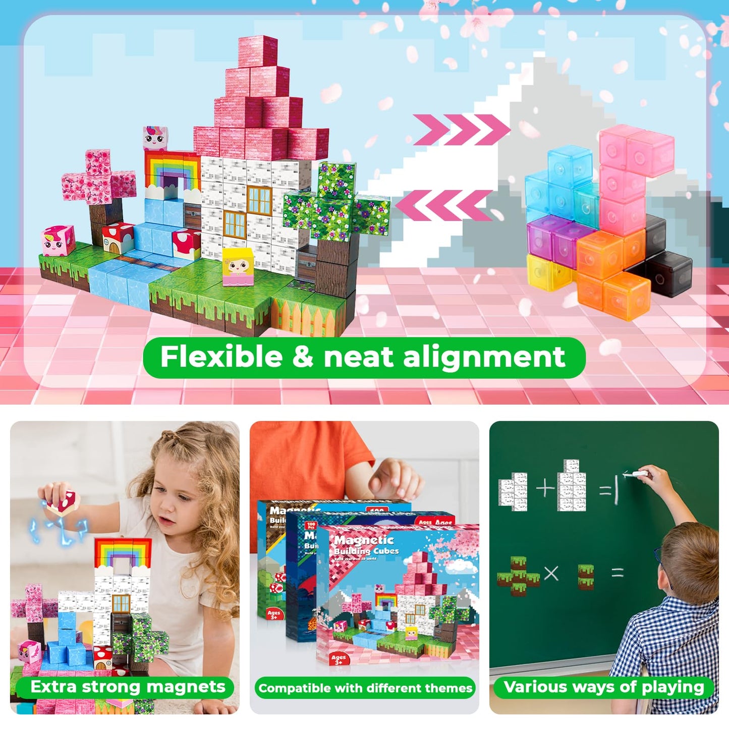 Goody King Magnetic Blocks | 100PCS Build Magnetic Pink Castle Magnetic Set,Magnetic Building Cube Game for Kids Age 3 4 5 6 7 8