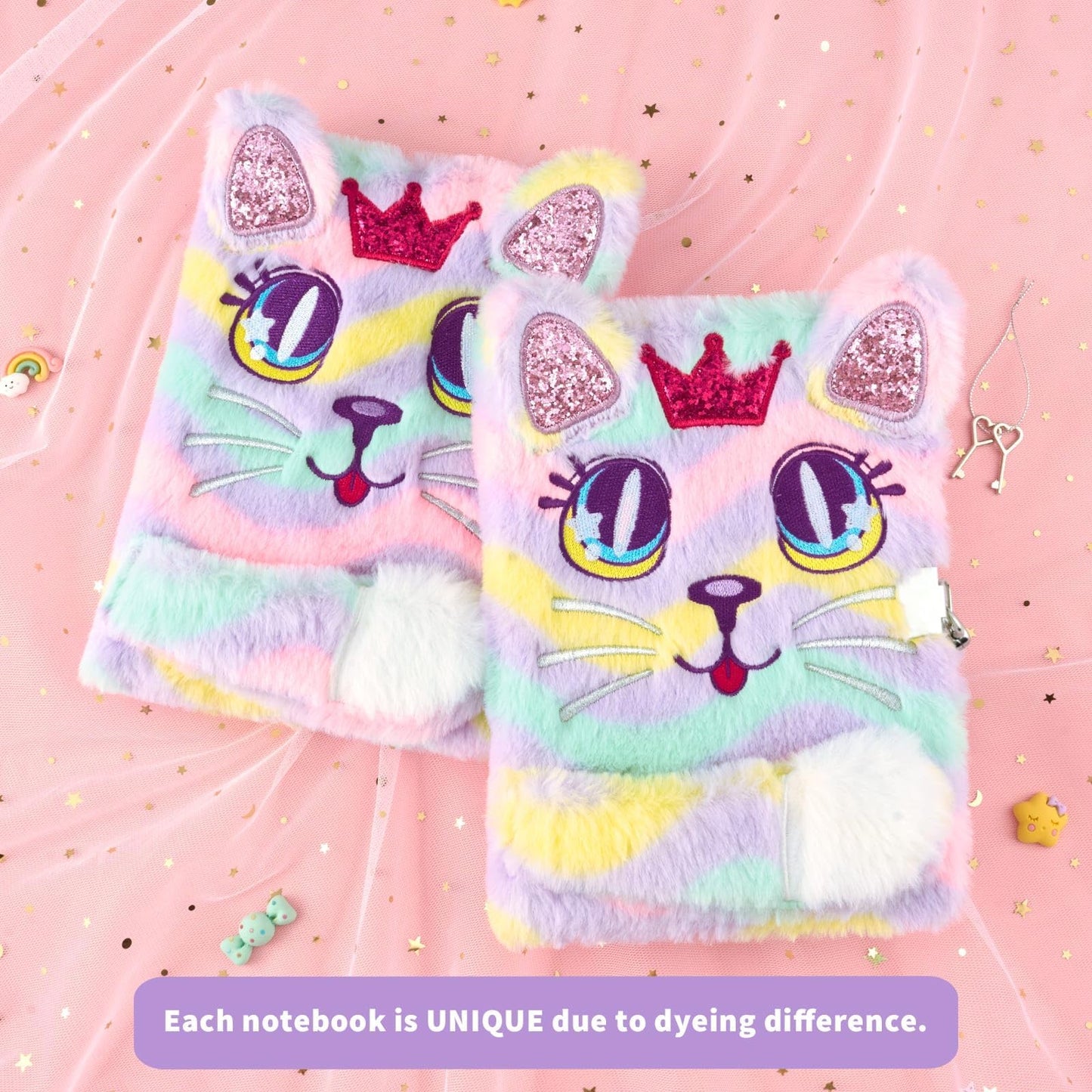 Wernnsai Plush Cat Diary With Lock And Keys - Girls Journal With Lock Diary For Girls Kids Gift Birthday Christmas Valentine School A5 Kids Journal Secret Diary Writing Drawing Notepad