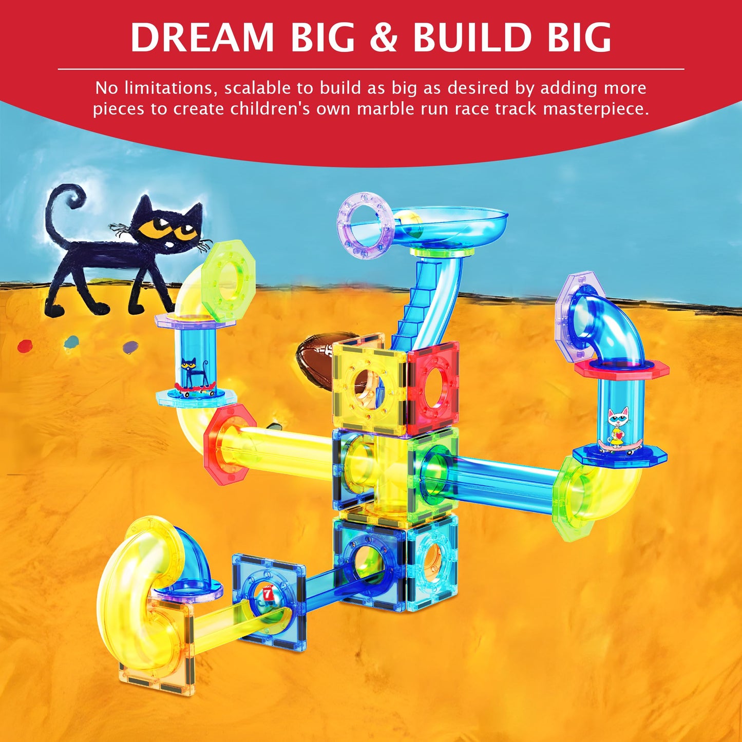 Picassotiles 62 Piece Magnetic Marble Run Pete The Cat Marble Maze Marbles For Kids Race Track Toy Set Sensory Toys For Toddlers