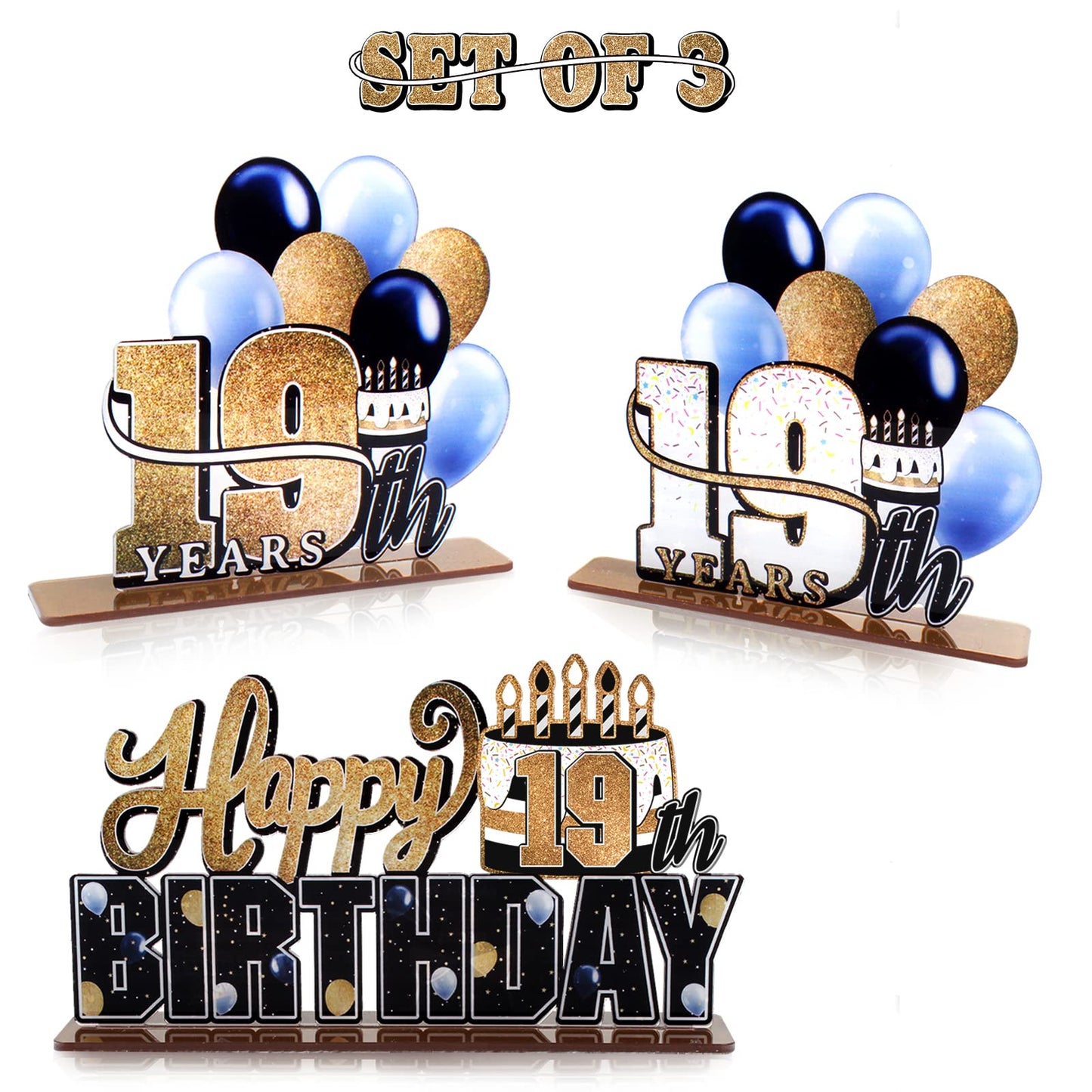 Lingteer Happy 19Th Birthday Gold Acrylic Table Topper Centerpieces Set - Cheers To Nineteen Years Old Birthday 19Th Bday Party Gift Decorations.