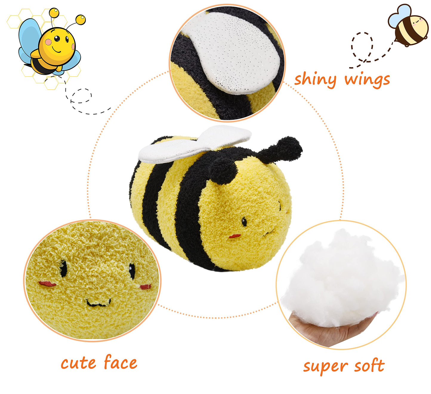 Yonlit Fuzzy Bumblebee Stuffed Animal With Smile Face And White Wings Super Cute Plush Bee Toy Excellent Gifts For Kids Or Honey