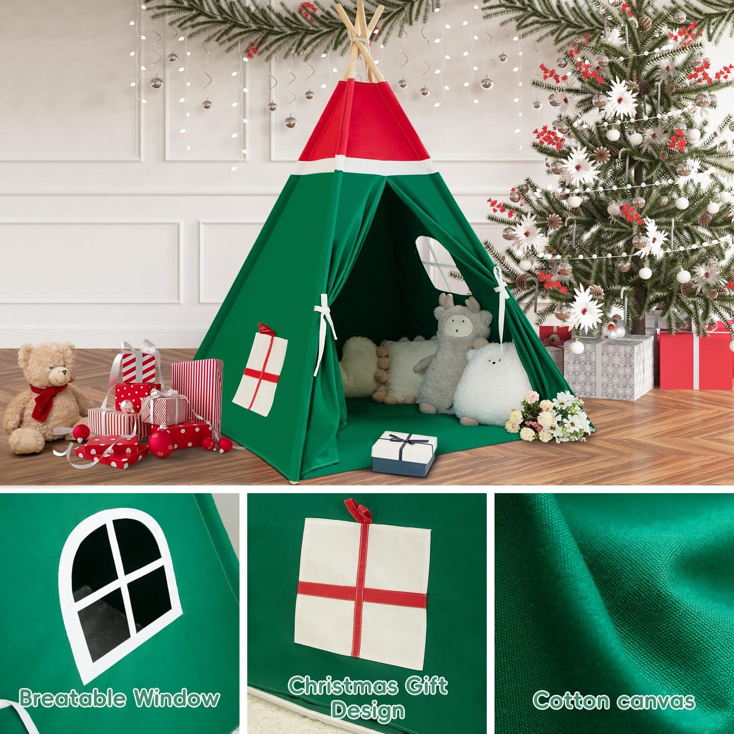 Wirhao Christmas Tent For Kids With Padded Mat Cotton Canvas Teepee Tent Indoor For Toddlers Kids Play Tent For Girls Boys With