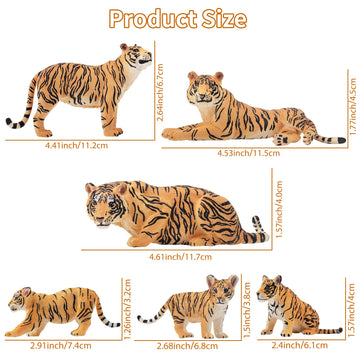 Toymany 6PCS Realistic Tiger Figurines Set, 2-6" Plastic Jungle Animals, Educational Cake Toppers for Kids, Gift for Toddlers