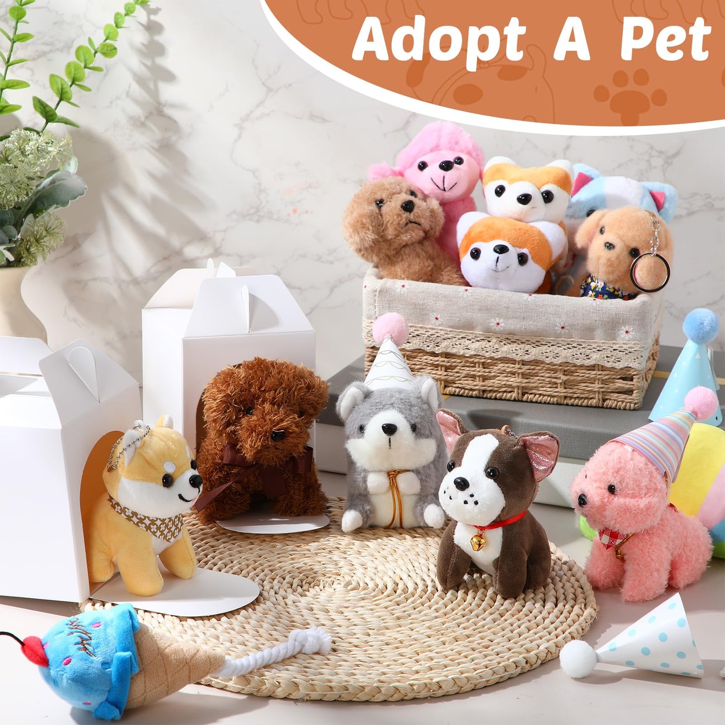 Roundfunny 33 Pcs Mini Plush Dogs Stuffed 4 Inches Small Puppy Stuffed Animal With Keychain Kraft Paper Dog Boxes And Paper Cone