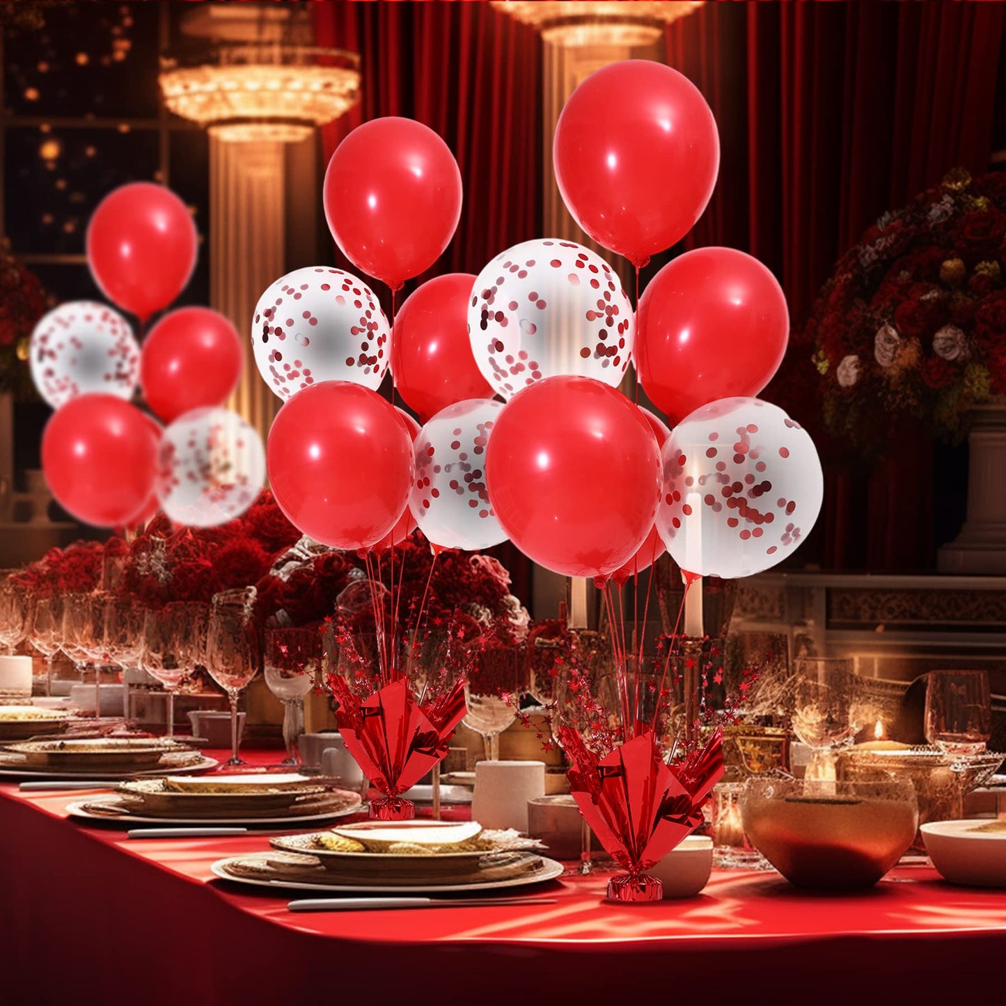 6 Set Red Christmas Table Balloons Centerpiece Stand Kit With Red And Confetti Balloons For Birthday Party Baby Shower Valentine'S Day Wedding Prom Graduation Retirement Table Decorations