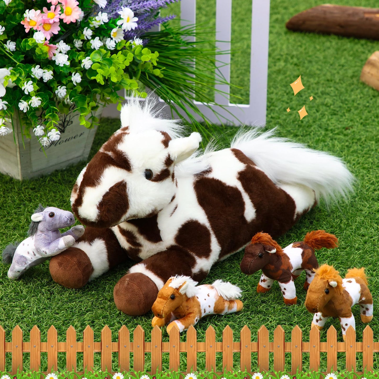 Lenwen 5 Pcs Horse Stuffed Animals Large Mommy Horse Plush With 4 Cute Babies In Zippered Belly Nurturing Plushie Toy Set For Birthday Gift Derby Party Favors(Lively)