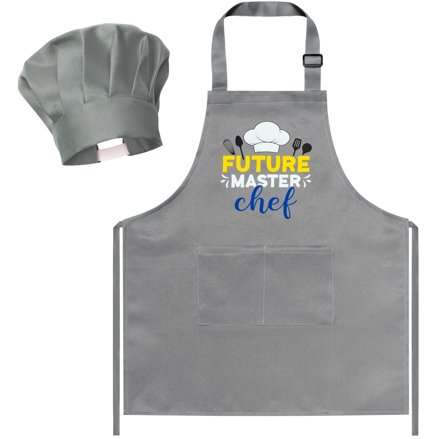 R HORSE Kid Apron and Chef Hat Set 2Pcs Adjustable Children Gray Kitchen Apron, Dress up Role Play Chef Toy Cooking Baking Paint