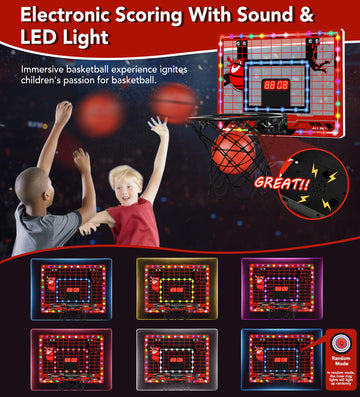 Basketball Hoop Indoor For Kids-Over The Door Mini Basketball Hoop With Led Light, Scoreboard, Remote Control And 3 Modes & Ball