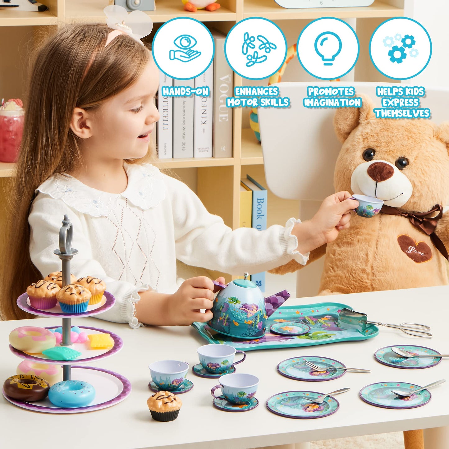 JOYIN 35Pcs Mermaid Tea Party Set for Little Girls, Pretend Tin Teapot Set, Princess Tea Time Play Kitchen Toy with Dessert, Dou