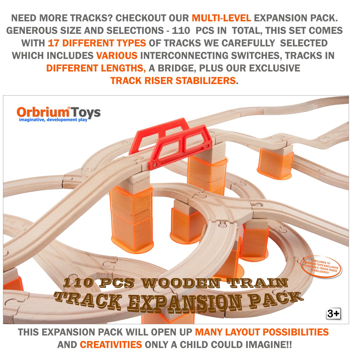 Orbrium Wooden Train Track Expansion Pack - 110 Pcs Compatible with Thomas & Brio, Wood Material, Model ORB-EXP-P-110