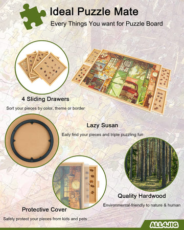 ALL4JIG Wooden 1000 Piece Rotating Puzzle Board with Drawers, 22"x30", Brown, Portable Jigsaw Table for Adults
