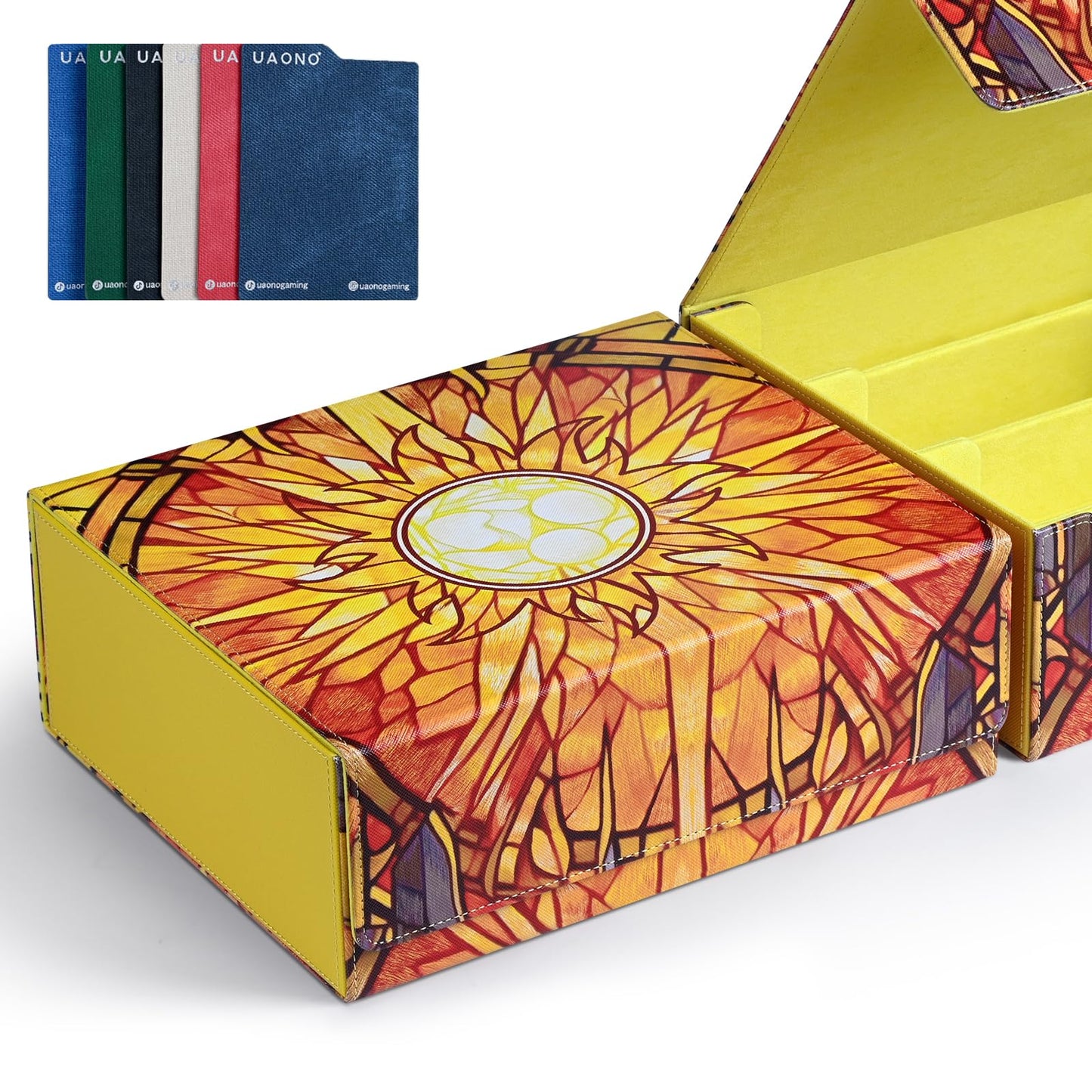 Uaono Card Storage Box For Mtg, Trading Card Deck Box Holds 1800+ With 6 Dividers, Leather Printing Magnetic Closure Card Storage Case Fits Tcg Ccg Sports Cards (Yellow, Sun)