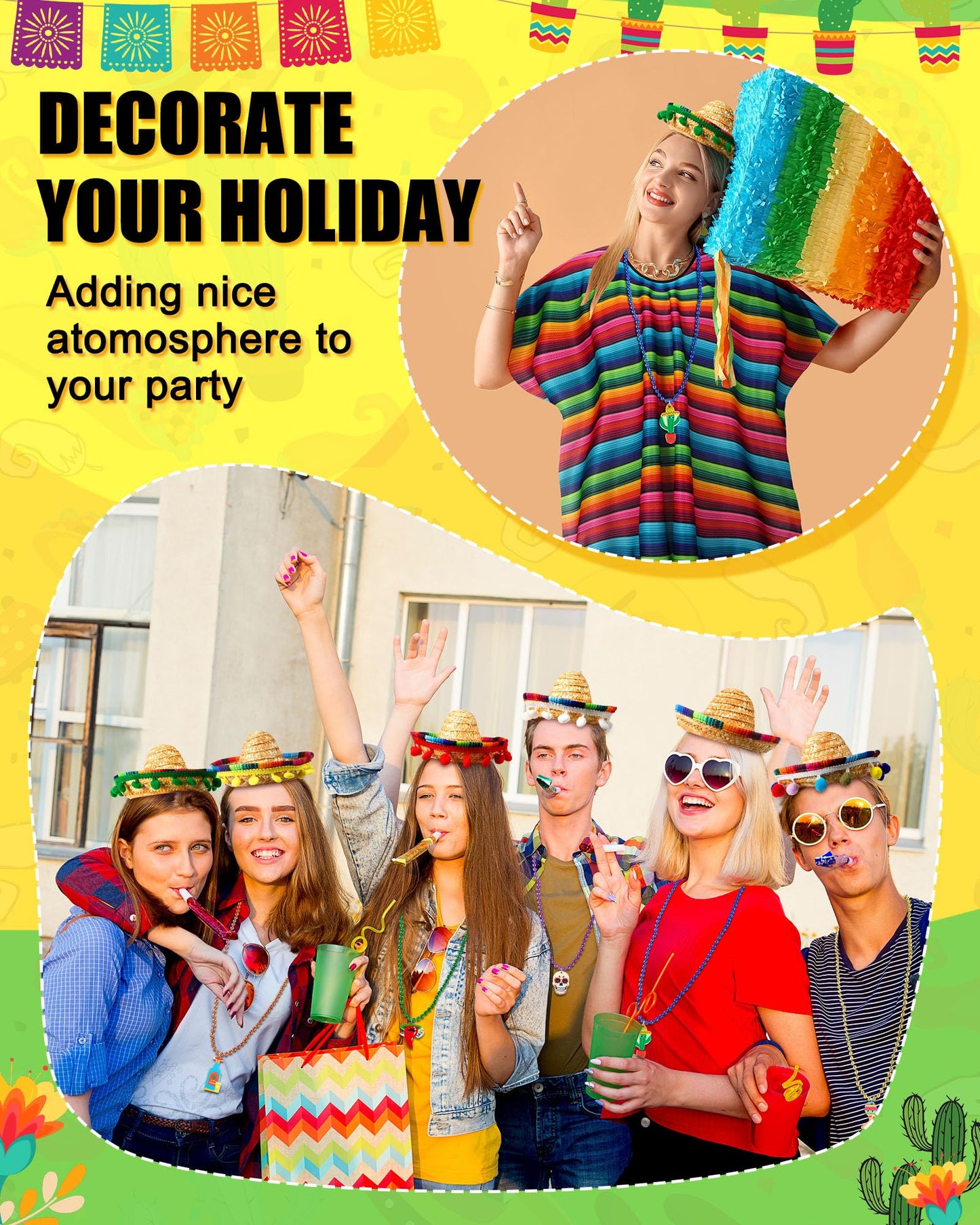 Panitay 24 Pcs Mexican Poncho And Sombrero Set And Fiesta Necklaces Bead,Cinco De Mayo Mexican Fiesta Serape Poncho With Straw S