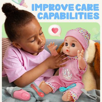 Smilesskiddo 14'' Baby Doll With Open/Close Eyes - Interactive Small Sweet Dolls, 8 Piece Gift Set With Bottle Pacifier & Access