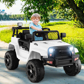 Olakids Kids Ride On Truck, 12V Electric Vehicle Jeep Car With Remote Control, Toddlers Battery Powered Toy With 2 Speeds, Spring Suspension, Double Open Doors, Led Lights, Music, Tf, Usb, Mp3 (White)