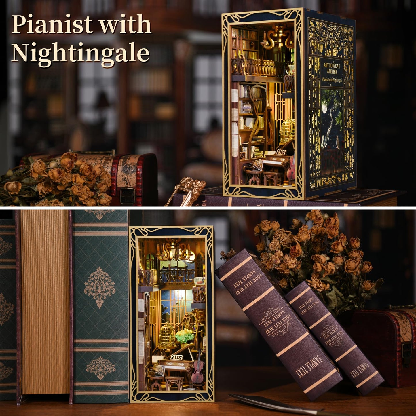 Minicity Diy Book Nook Kit For Adults, 3D Wooden Puzzle Bookend Bookshelf Insert Decor With Led Light And Dust Cover (Pianist Wi