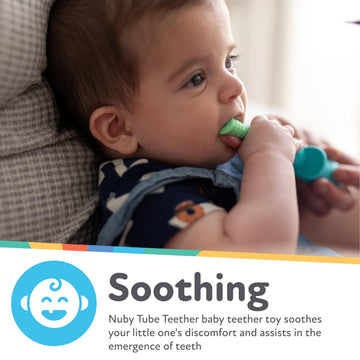 Nuby Tube Teether - 2-Pack Baby Teething Toy - Silicone - Elephant & Giraffe - 3+ Months - Aqua & Yellow