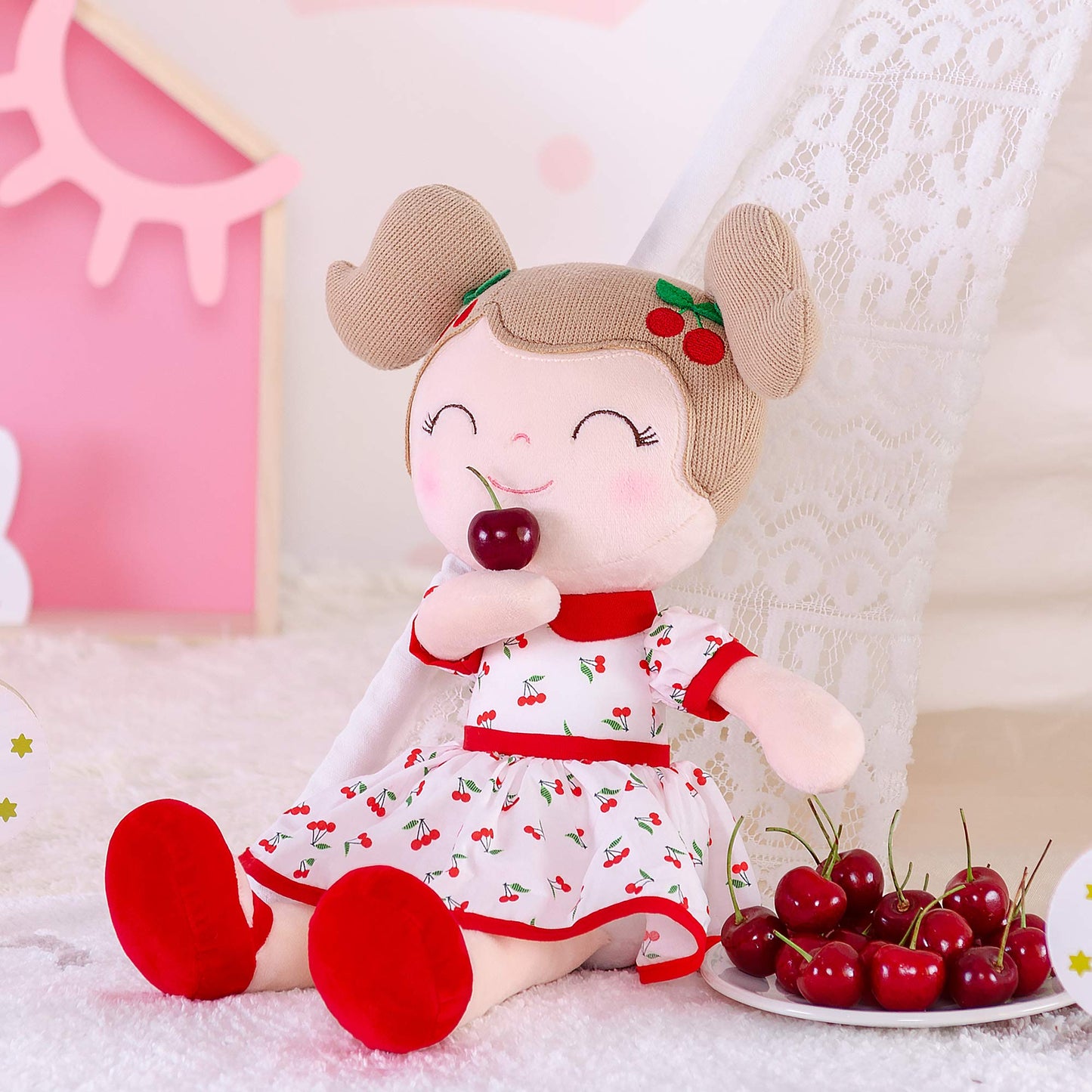 Gloveleya Baby Doll Girl Gifts Plush Toys Soft Dolls Baby Gifts Cherry Girl Red 14 Inches with Gift Box New