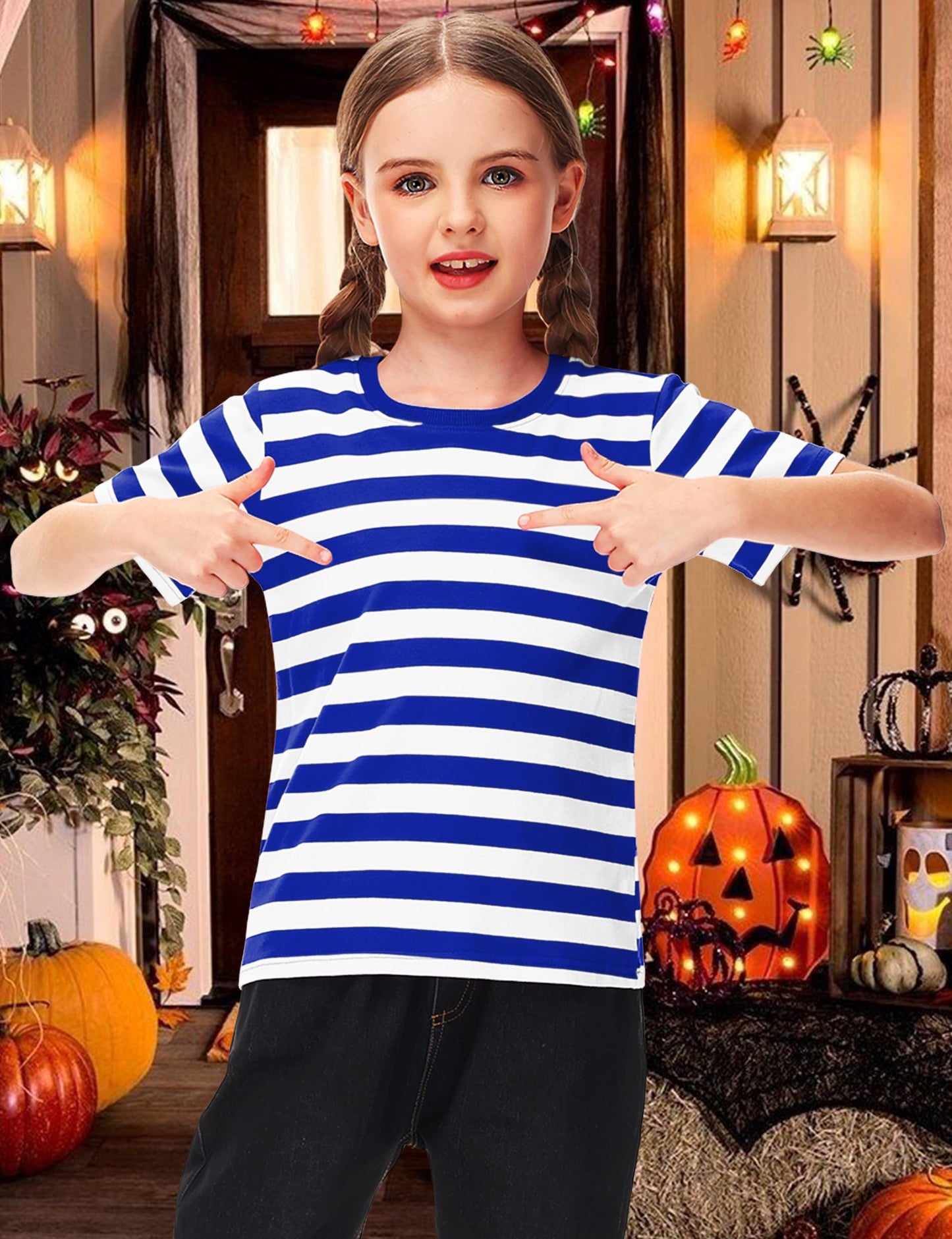 Boys Halloween Prisoner Costume Girl Blue White Striped Shirt Short Sleeve Summer Basic Tee Top 5-6 Years