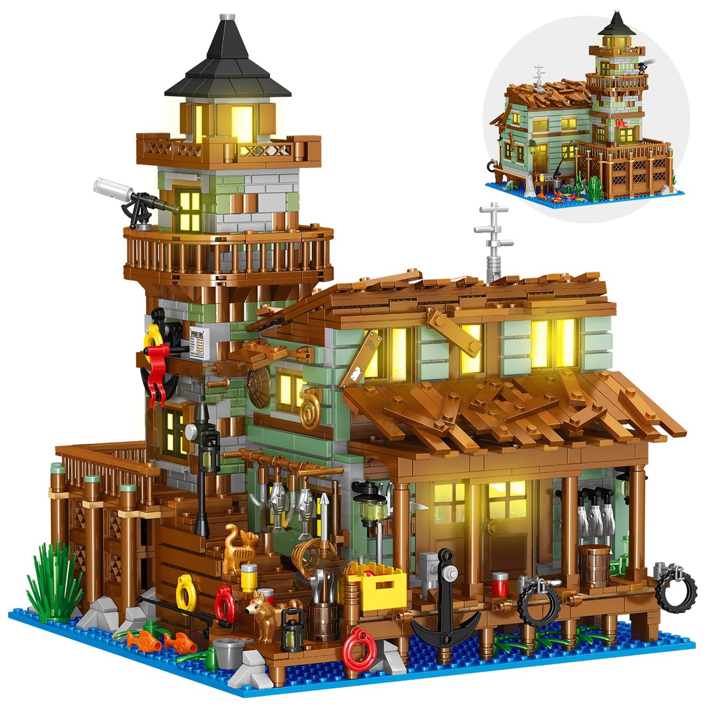 Fishing Village Store House Building Set With Led Light, 1881 Pcs Wood Cabin Mini Building Block, Stem Architecture Toys Kit, Birthday Gift For Adults Ages 8-12+ Years(Not Compatible With Set )