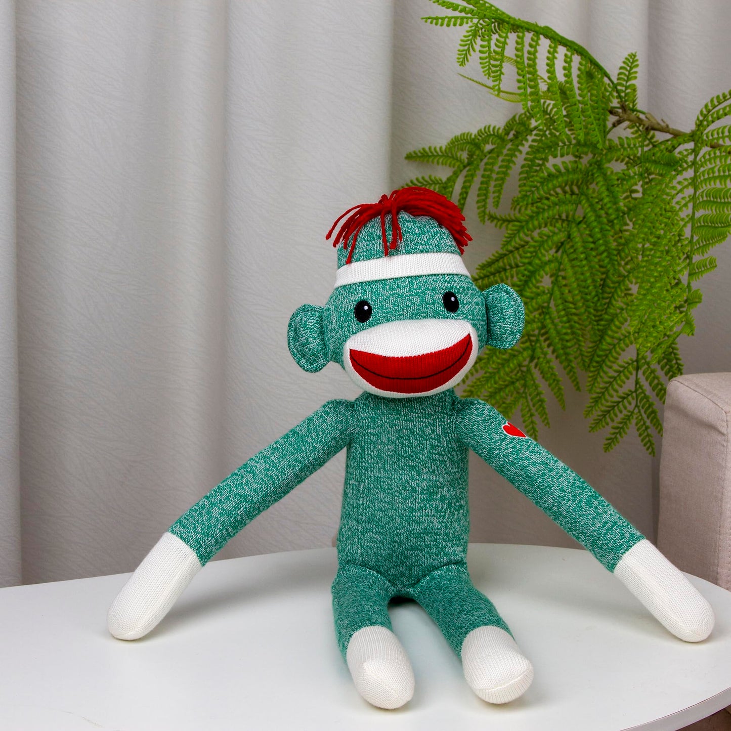 Plushland Adorable Green Sock Monkey, The Original Traditional Hand Knitted Stuffed Animal Toy Gift-For Babies, Teens, Girls And Boys Baby Doll Present Puppet 20 Inches