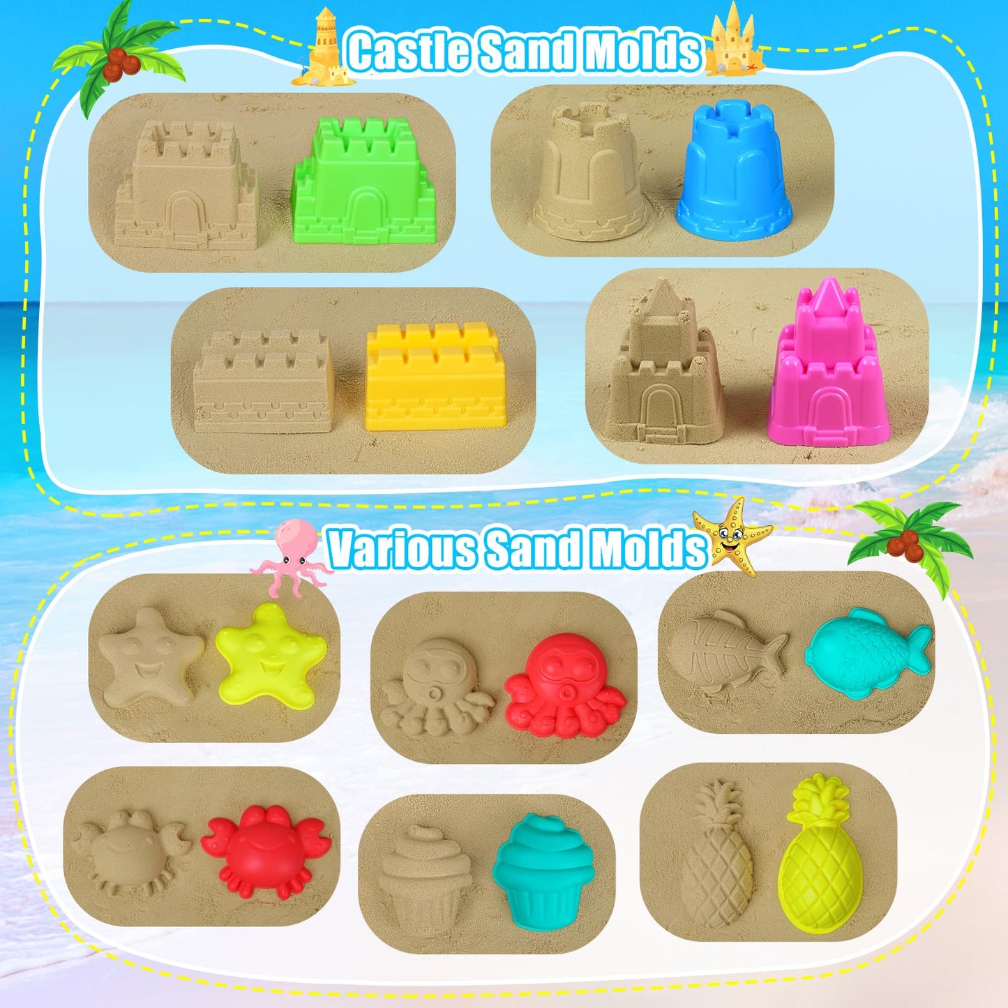 FUSPWEAO Collapsible Beach Toys Sand Toys for Kids, Sandbox Toys with 2 Collapsible Beach Buckets, Mesh Bags, Sand Molds, Sand C