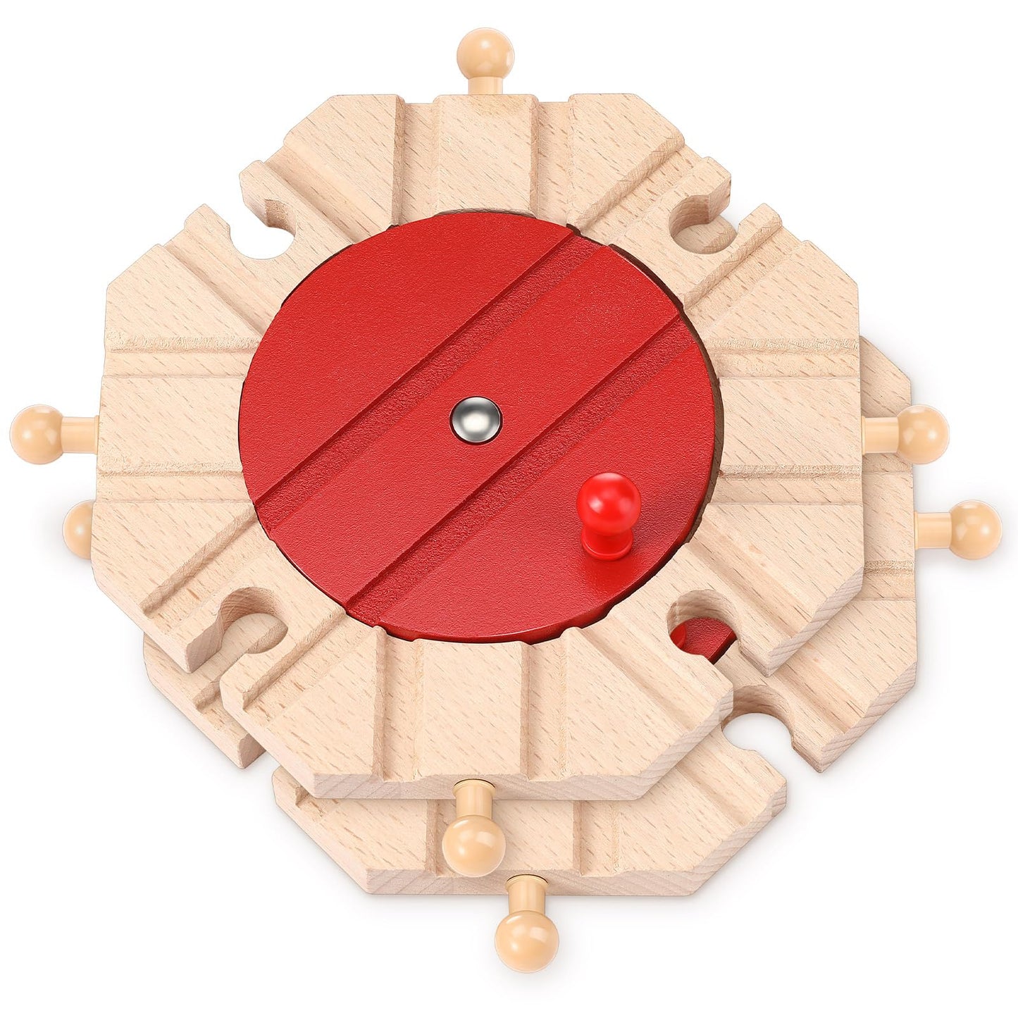 Syhood 2 Pieces Wooden Train Track Expansion Packs Wooden Train Accessories 8 Way Wood Track Turntables Compatible with Most Tra