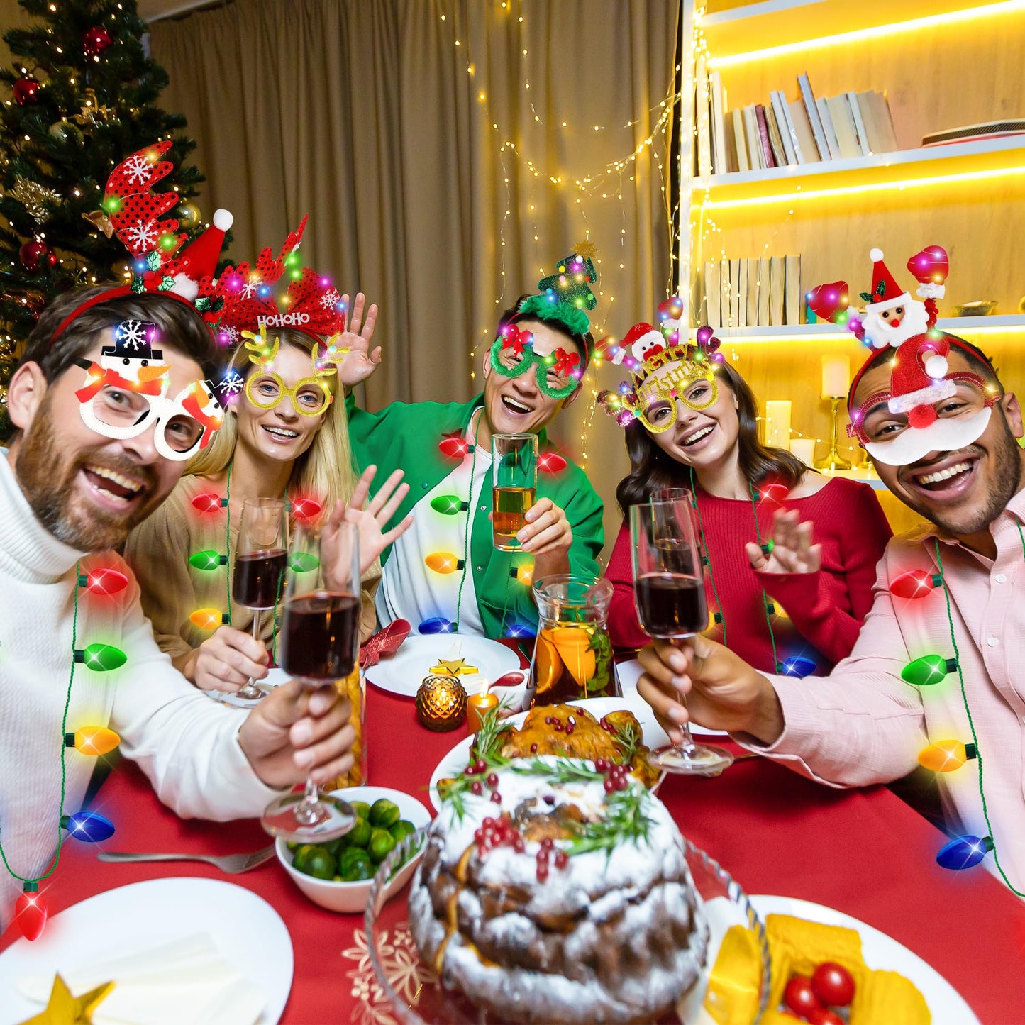 27 PCS Christmas Party Favors, Light Up Xmas Necklace Headband Glasses Set, Xmas Bulb Necklace Antler Lights Headbands LED Flash