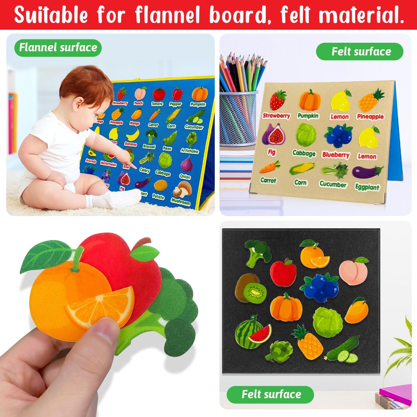 PENGFULL Felt Fruits and Vegetables Learning Pieces,62 Felt Board Pieces for Felt Flannel Board,Learn Common Fruits and Vegetabl