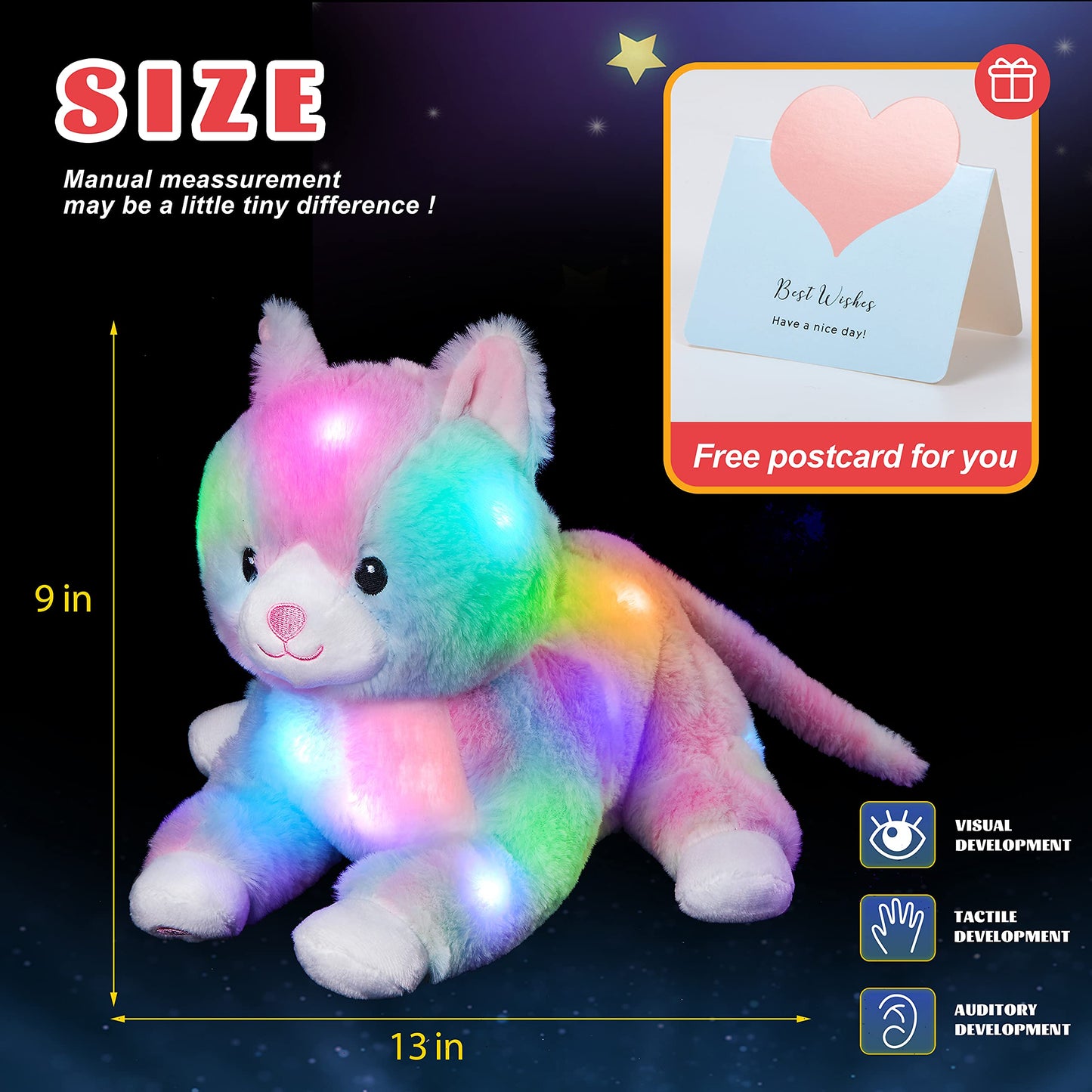 Glow Guards 13'' Rainbow Cat Plush Toy - Light-Up Soft Stuffed Animal Bed Night Light for Toddlers & Kids - Perfect Birthday Gift