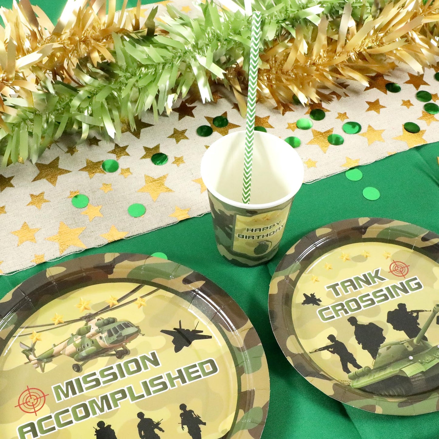 Army Birthday Party Supplies Decorations, Camo Theme Birthday Paper Plates And Napkins Set With Cups And Straws For 24 Guests, 1