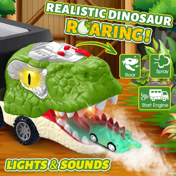 Dinosaur Toys for Kids 3-5, 5-7, Dinosaur Transport Carrier Truck with 10 Mini Car, Dinosaur T-Rex Cars Track Set for Toddlers 3