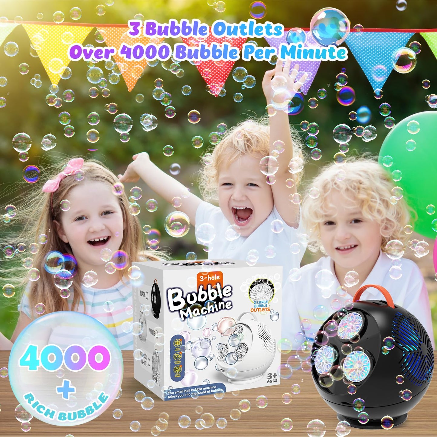 Bubble Machine for Kids Toddlers,45/360 Automatic Rotation Spherical Bubble Maker Toy with RGB Light,Rechargeable Type-C Charge