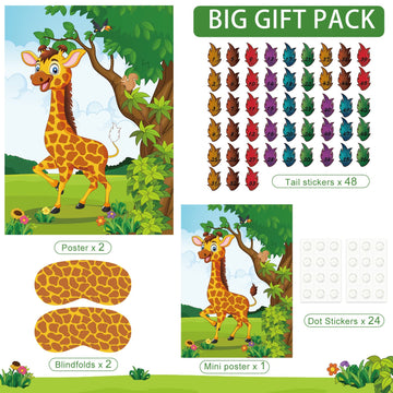 Astaron 2 Sets Pin The Tail On The Giraffe For Safari Jungle Animal Party Game Zoo-Themed Birthday Party Supplies 2 Posters 21'X 28' With 48Pcs Tail Stickers Kids Wall Home Decor