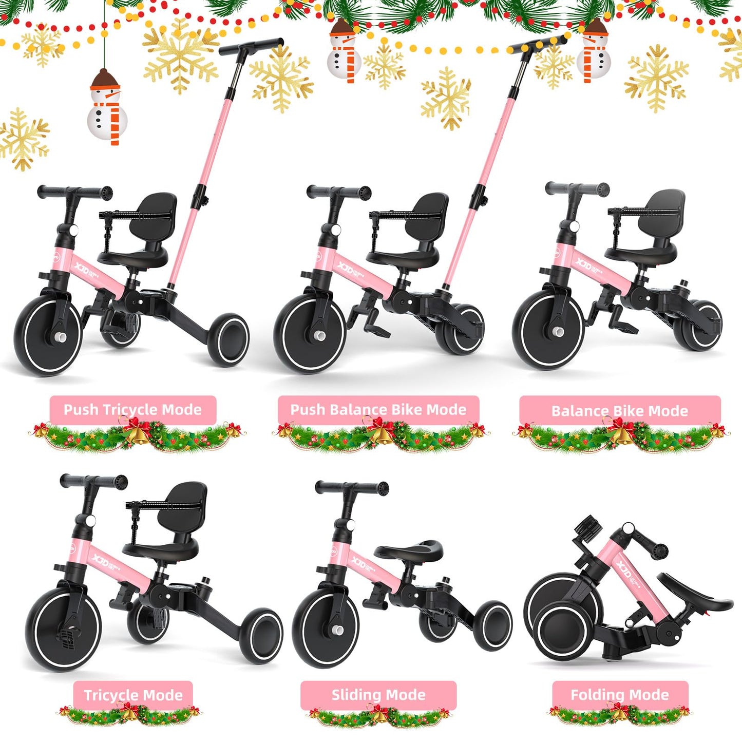 XJD Toddler Bike, 6 in 1 Folding Toddler Tricycle for 1-4 Year Old with Push Handle, Balance Bike with Removable Pedal,Backrest,